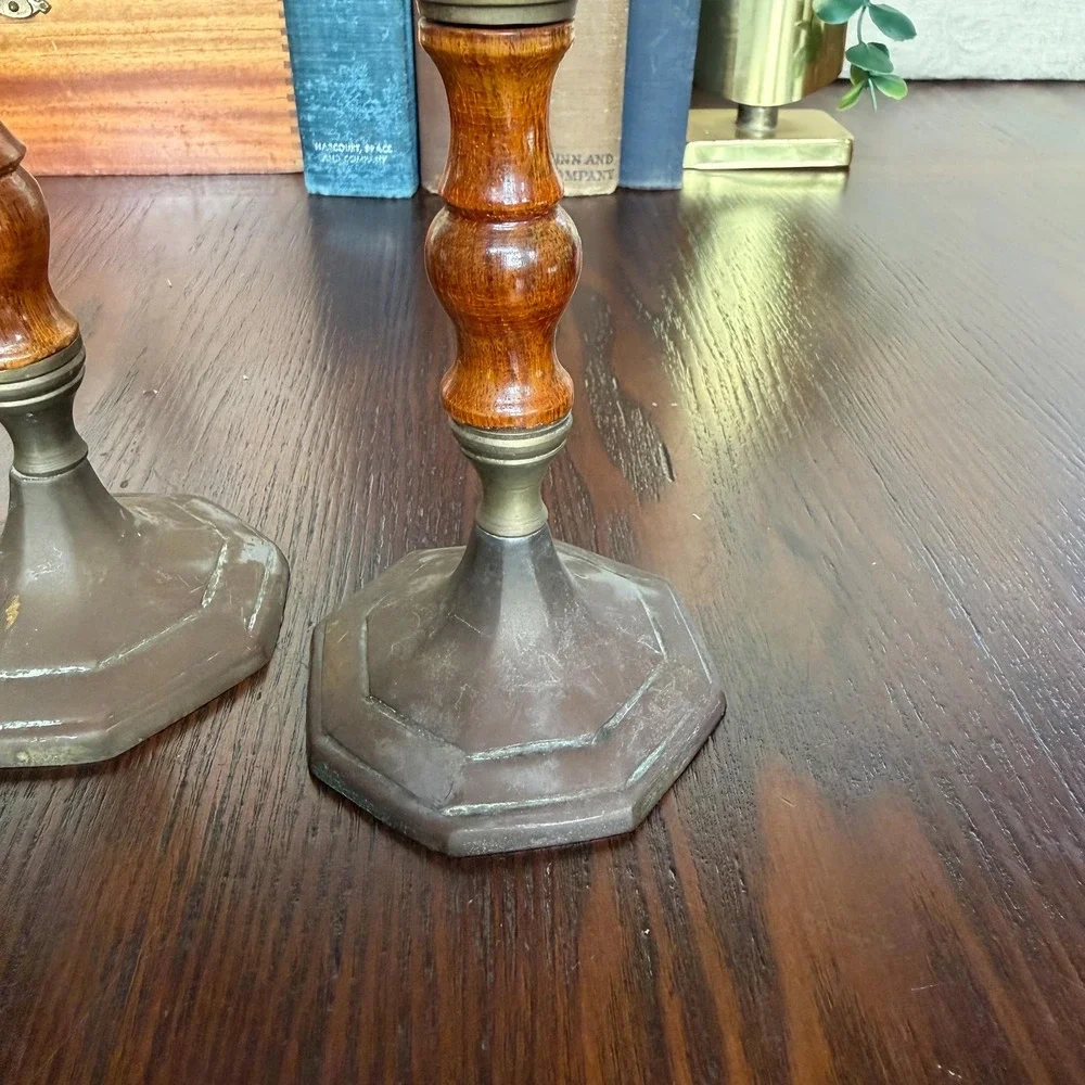 Vintage Brass & Wood Candlesticks Pair